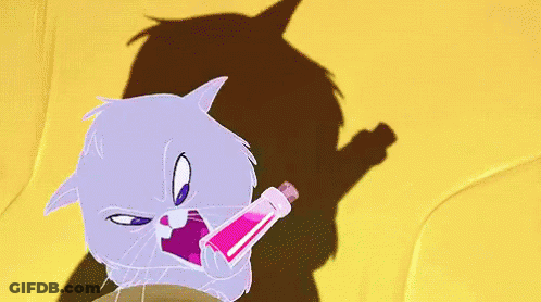 A Cartoon Cat Is Holding A Bottle With A Pink Liquid And Says I Win . GIF