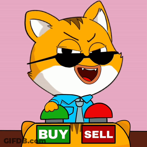 A Cartoon Cat Is Holding A Button That Says Buy GIF