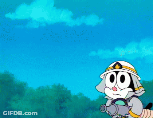 A Cartoon Cat Is Holding A Cannon In Front Of Trees GIF