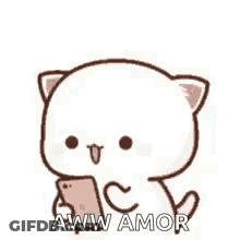 A Cartoon Cat Is Holding A Cell Phone And Hearts Are Flying In The Air . GIF
