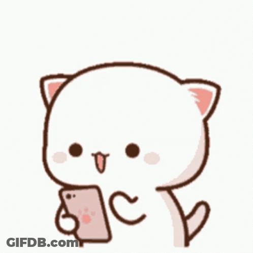 A Cartoon Cat Is Holding A Cell Phone And Three Hearts Are Flying Over It . GIF
