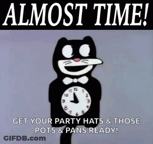 A Cartoon Cat Is Holding A Clock That Says " Almost Time " GIF