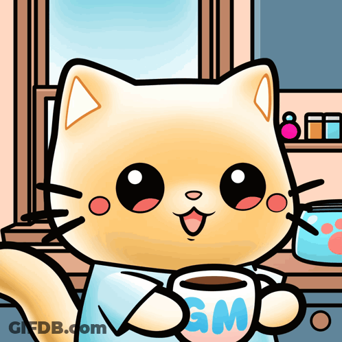 A Cartoon Cat Is Holding A Cup Of Coffee With Sm On It GIF