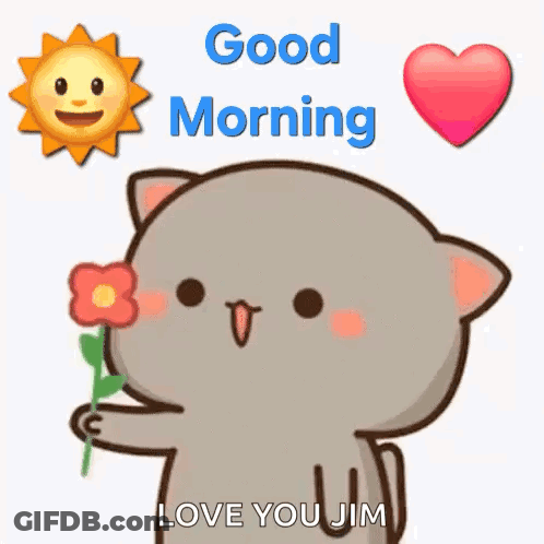 A Cartoon Cat Is Holding A Flower And Saying `` Good Morning `` . GIF