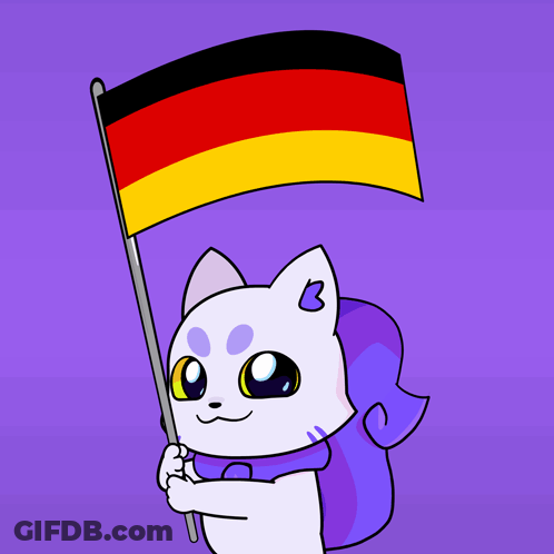 A Cartoon Cat Is Holding A German Flag In Front Of A Purple Background GIF