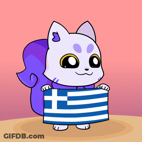 A Cartoon Cat Is Holding A Greek Flag In Its Paws GIF