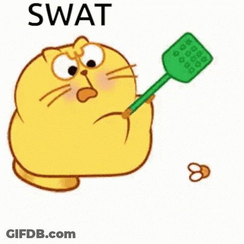 A Cartoon Cat Is Holding A Green Mosquito Swatter In Its Hand . GIF