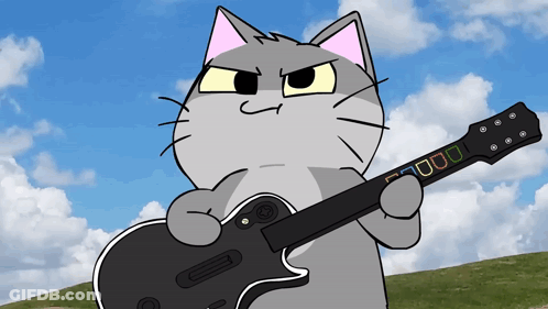 A Cartoon Cat Is Holding A Guitar With A Rainbow Colored Neck GIF