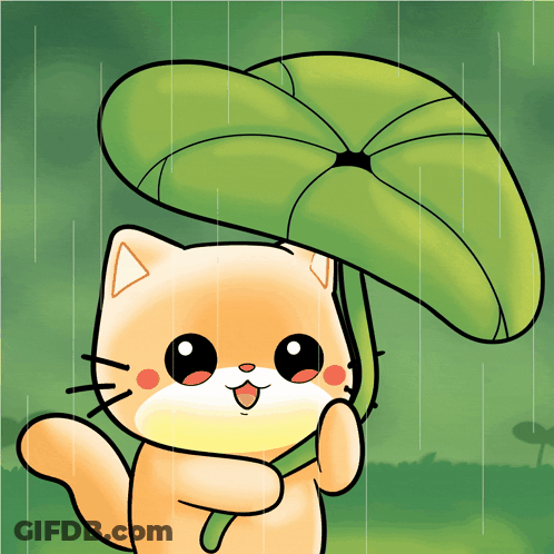 A Cartoon Cat Is Holding A Large Green Leaf In The Rain GIF