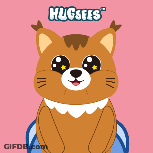 A Cartoon Cat Is Holding A Pair Of Blue Slippers With The Words Hugsfes Comfy Below It GIF
