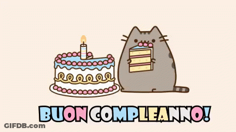 A Cartoon Cat Is Holding A Piece Of Cake Next To A Birthday Cake With A Candle . GIF