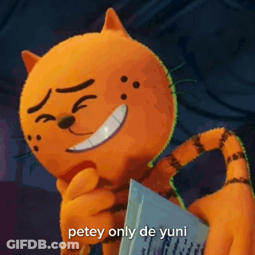 A Cartoon Cat Is Holding A Piece Of Paper And Says Petey Only De Yuni . GIF