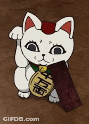 A Cartoon Cat Is Holding A Piece Of Wood And A Coin In Its Mouth . GIF