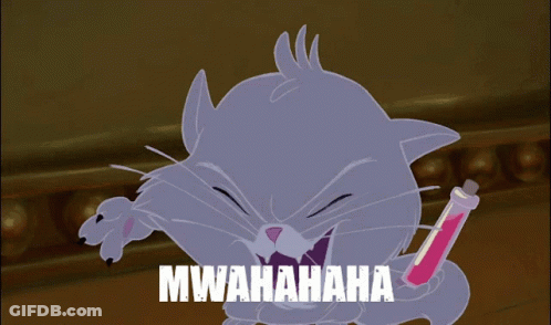 A Cartoon Cat Is Holding A Pink Bottle With The Words Mwahaha Written On It GIF