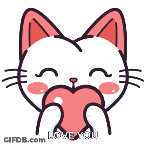 Cartoon Cat Holding Pink Heart With Love You Text GIF