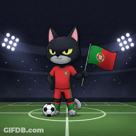 A Cartoon Cat Is Holding A Portugal Flag And A Soccer Ball GIF