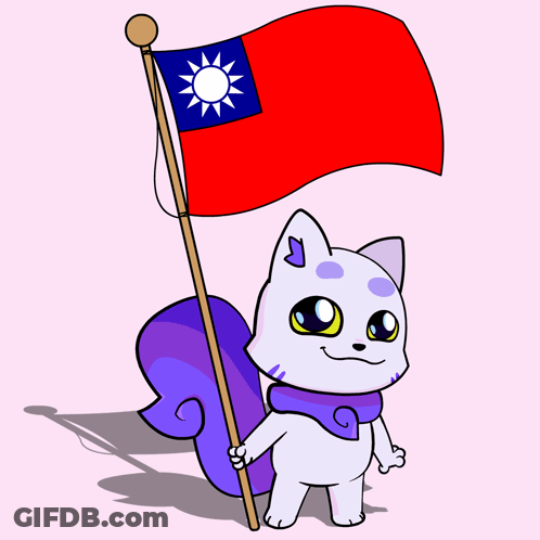 A Cartoon Cat Is Holding A Red Flag With A Sun On It GIF