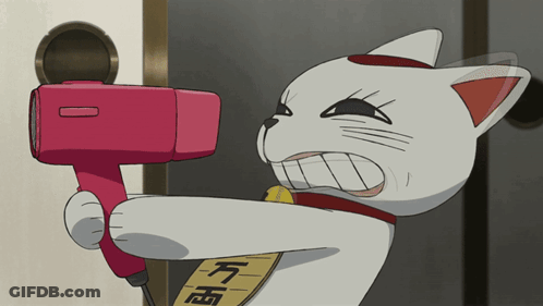 A Cartoon Cat Is Holding A Red Hair Dryer With Chinese Writing On It GIF