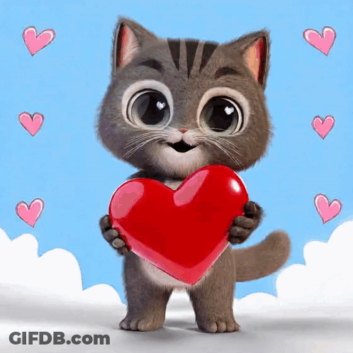 A Cartoon Cat Is Holding A Red Heart In Its Hands . GIF