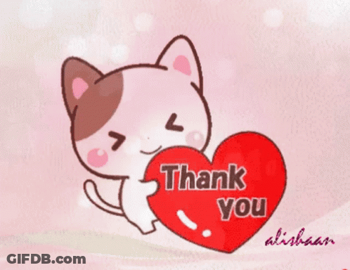 A Cartoon Cat Is Holding A Red Heart That Says Thank You GIF