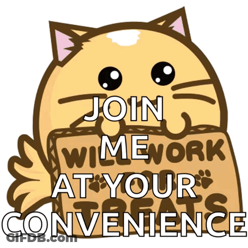 A Cartoon Cat Is Holding A Sign That Says Join Animework At Your Convenience GIF