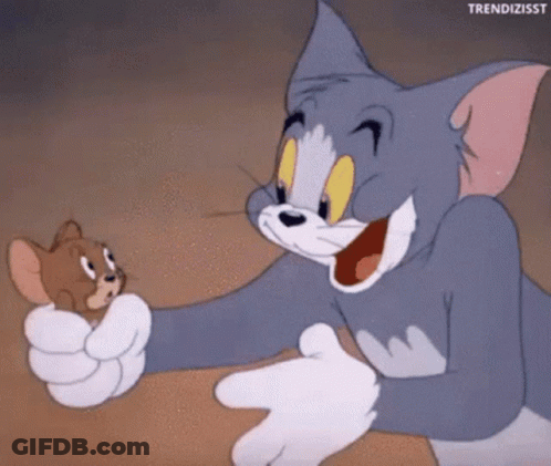 A Cartoon Cat Is Holding A Small Mouse In Its Paws . GIF