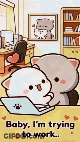 A Cartoon Cat Is Hugging Another Cat While Sitting At A Desk With A Laptop . GIF