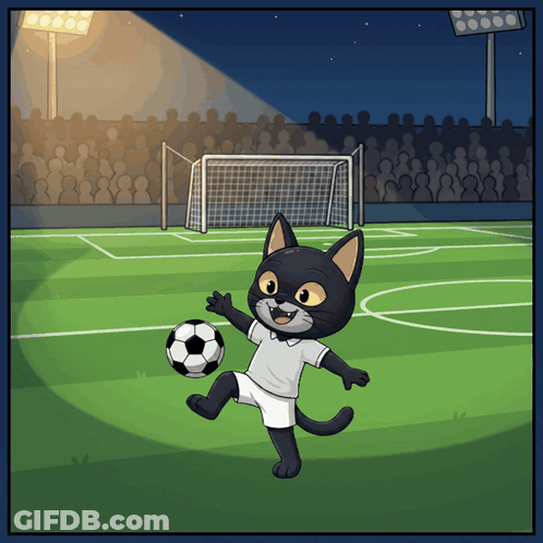 A Cartoon Cat Is Kicking A Soccer Ball On A Field GIF