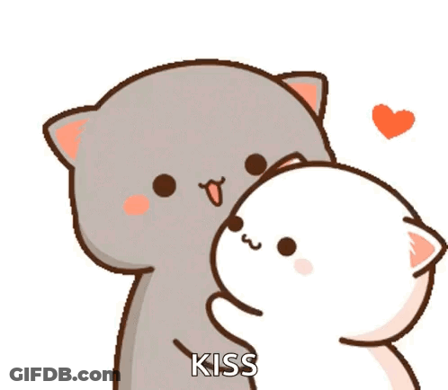 A Cartoon Cat Is Kissing Another Cat With A Heart Behind Them . GIF