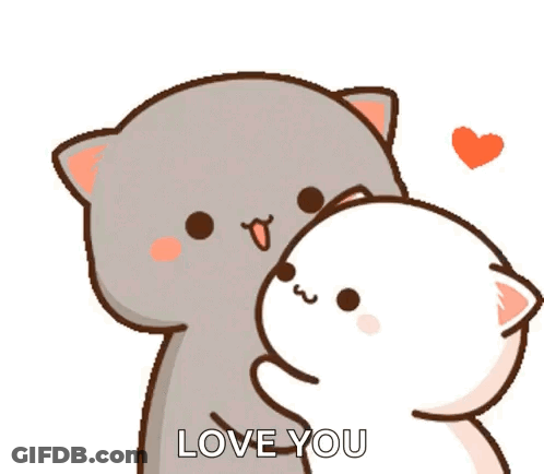 A Cartoon Cat Is Kissing Another Cat With The Words `` Love You '' Written On It . GIF