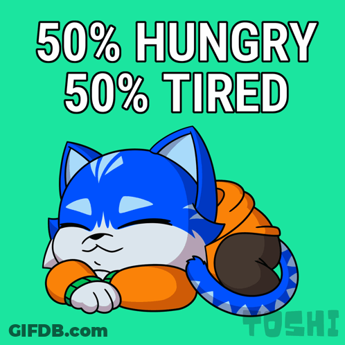 A Cartoon Cat Is Laying Down With The Words 50 % Hungry 50 % Tired Above It GIF