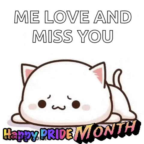 A Cartoon Cat Is Laying Down With The Words `` Me Love And Miss You '' Written On It . GIF