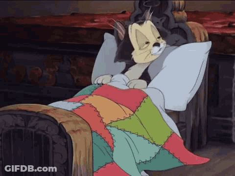 A Cartoon Cat Is Laying In A Bed With A Colorful Quilt GIF