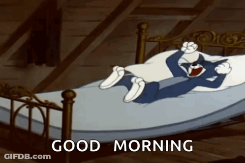 A Cartoon Cat Is Laying In A Bed With The Words `` Good Morning '' Written On It . GIF