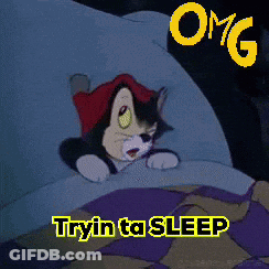 A Cartoon Cat Is Laying In A Bed With The Words Tryin ' To Sleep Below It GIF
