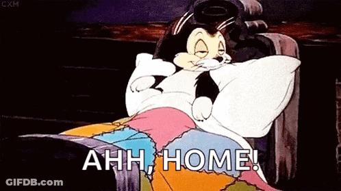 A Cartoon Cat Is Laying On A Bed With A Pillow And The Words Ahh Home . GIF