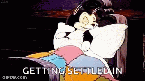 A Cartoon Cat Is Laying On A Bed With A Pillow And The Words `` Getting Settled In '' . GIF