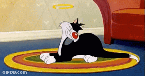 A Cartoon Cat Is Laying On A Colorful Rug On The Floor . GIF