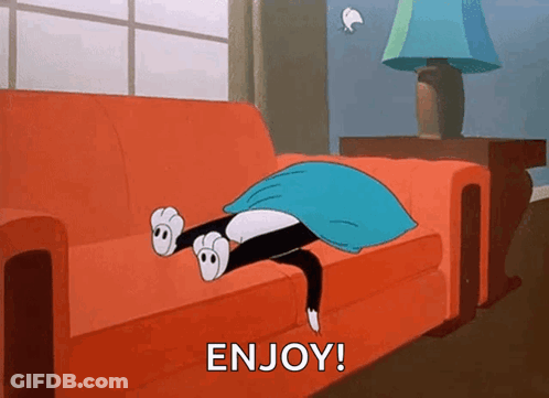 A Cartoon Cat Is Laying On A Red Couch Under A Blue Blanket And Says Enjoy . GIF