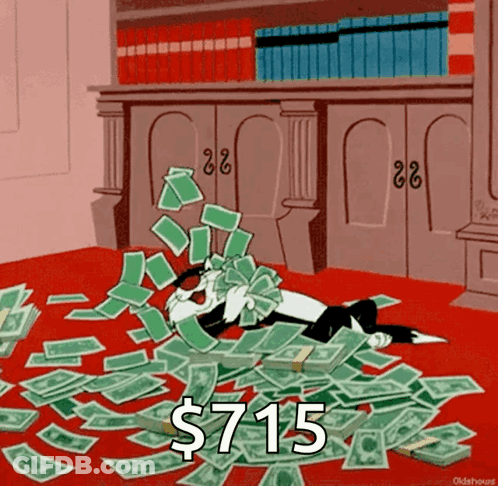 A Cartoon Cat Is Laying On The Floor Surrounded By Money With The Amount Of Money Being $ 715 GIF