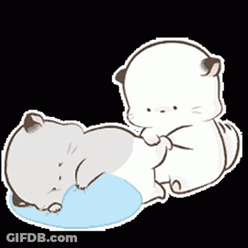 A Cartoon Cat Is Laying On Top Of Another Cat On A Blue Pillow . GIF