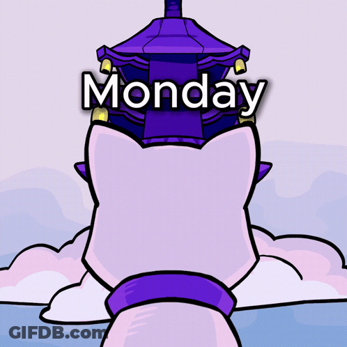 A Cartoon Cat Is Looking At A Purple Tower With The Word Monday Written Above It GIF