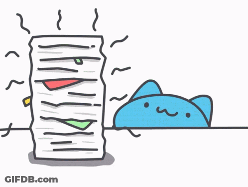 A Cartoon Cat Is Looking At A Stack Of Paper GIF
