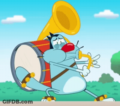 A Cartoon Cat Is Playing A Trumpet While Holding A Drum GIF