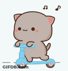A Cartoon Cat Is Riding A Blue Scooter With Music Notes Behind It . GIF