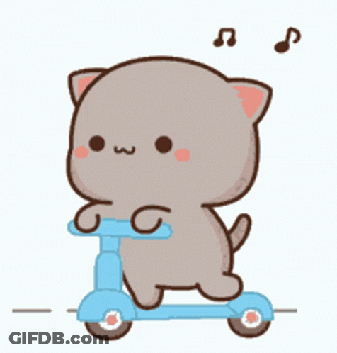 A Cartoon Cat Is Riding A Blue Scooter With Music Notes . GIF