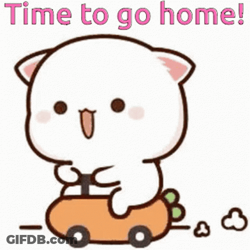 A Cartoon Cat Is Riding A Toy Car And Saying `` Time To Go Home ! '' GIF