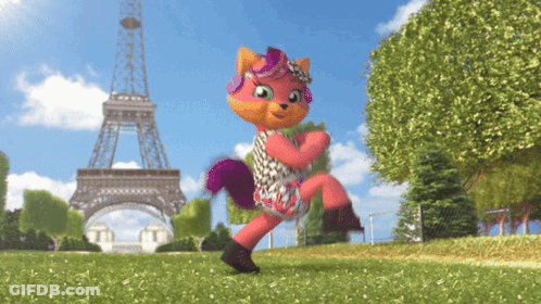 A Cartoon Cat Is Running In Front Of The Eiffel Tower In Paris GIF