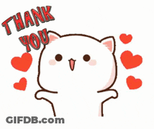 A Cartoon Cat Is Saying Thank You With Hearts Surrounding It . GIF