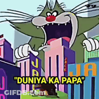 A Cartoon Cat Is Screaming In Front Of A City With The Words " Duniya Ka Papa " Above Him GIF